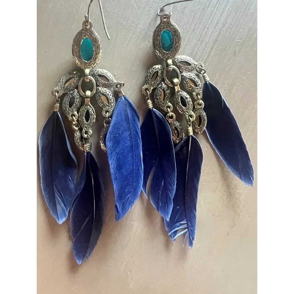 Boho Western Feather Earrings Turquoise Look Stone Chandelier Dangle‎ Cowgirl
